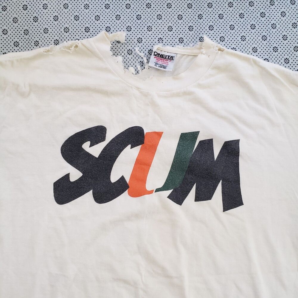 Vintage 90s University of Miami SCUM Rivalry T-Shirt Oneita XL White Thrashed
